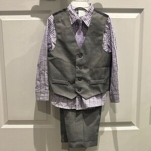 Gray Vest and Pants Suit Set with Purple Checkered Shirt and Tie